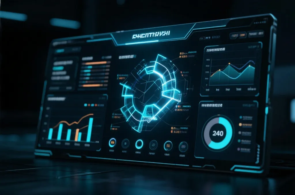 Abstract digital dashboard with glowing data visualization charts and high-tech UI design