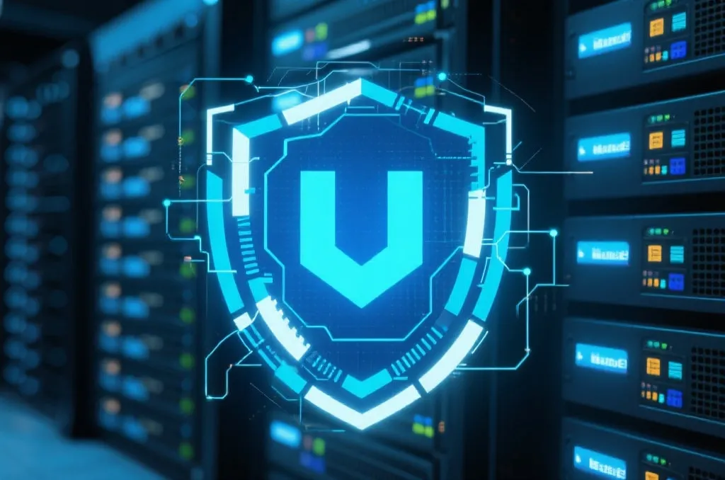 Abstract digital shield and padlock protecting sensitive database streams on a blue tech background