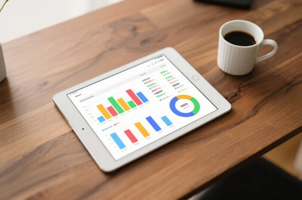 A flat lay of a digital tablet showing a clean, generic sports statistics dashboard with colorful charts, next to a coffee cup on a wooden desk, editorial style