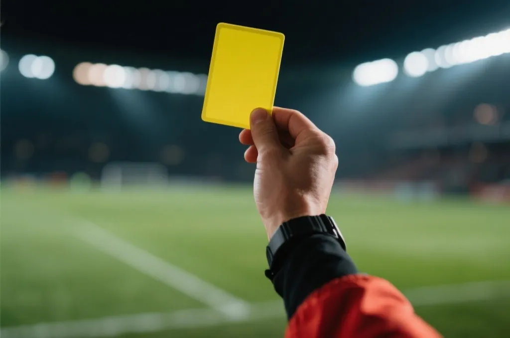 A generic soccer referee holding a yellow card on a blurred stadium background