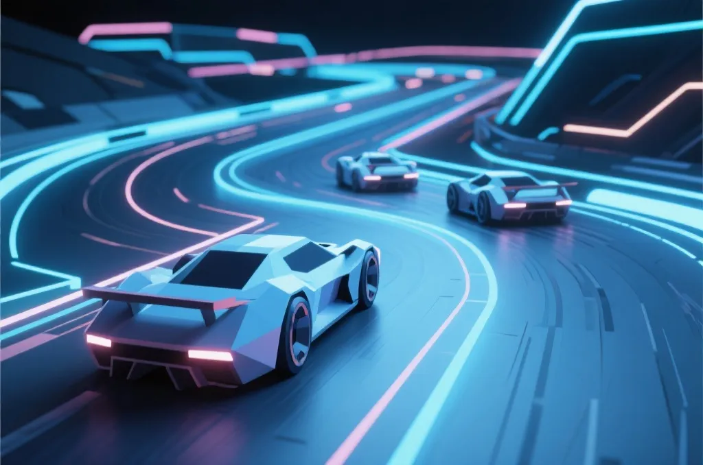 Futuristic digital racetrack with abstract low poly racing cars